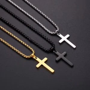 RENSINO Gold Plated Silver Black Stainless Steel Cross Pendant Prayer Crucifixion Men Women Christian Necklace
