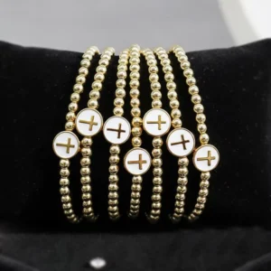 RENSINO Gold Plated Stackable Cross Beaded Bracelets White Enamel Christian Religious Jewelry Dainty Stretch Bracelets for Women Men