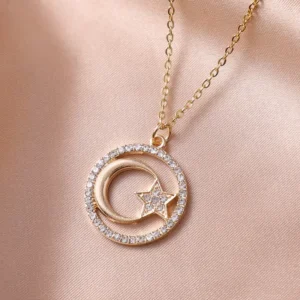RENSINO Gold Plated Stainless Steel Butterfly Star Moon Heart Bow Pendant Necklace with Zircon Pearl for Women
