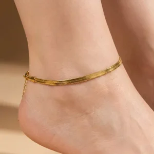 RENSINO Gold Plated Stainless Steel Herringbone Anklet Waterproof Flat Snake Chain Foot Bracelet for Women