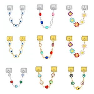 RENSINO Gold Plated Stainless Steel Italian Charm Bracelet for Women Link Chain Pendant Eye Charm Jewelry Gifts