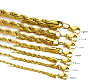 RENSINO Gold Plated Stainless Steel Rope Chains 2mm-7mm Custom Women Men Necklace Chain