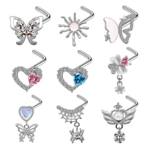 RENSINO Gold Plated Stainless Steel Surgical Steel Nose Ring Silver Pink Clicker Septum Piercing Jewelry Cute Bulk Dangle for Gift