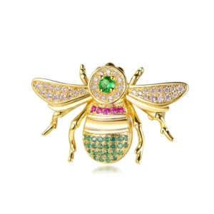 RENSINO Gold Plated Sterling Silver 925 Bee Brooch Green Red CZ Enamel Pin for Women Fashionable Fine Jewelry for Employees Engagement