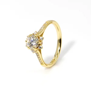 RENSINO Gold Plated Sterling Silver Flower Petal Design Moissanite Solitaire Engagement Rings Wedding Band for Her