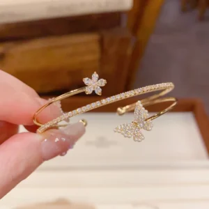 RENSINO Gold Plated Zircon Butterfly Open Cuff Bracelet Fashion Flower Bangle Adjustable Women Luxury Jewelry