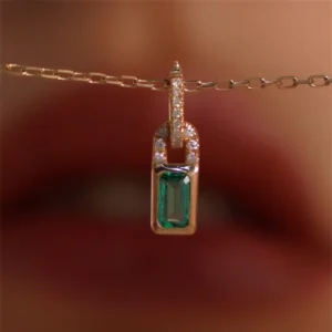 RENSINO Gold Plating Women Green Stone Sterling Silver Lock Charm Necklace