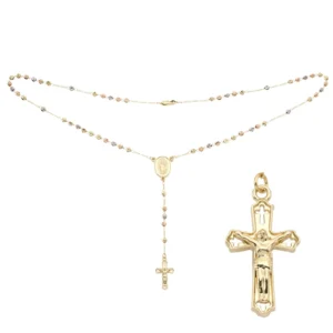 RENSINO Gold Rose Religious Zircon Rosary Necklace Laminated Cross Trendy Tri Color Saint Jude Benedict Jesus Mary Children’s