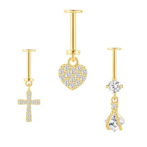 RENSINO Gold S925 Silver Vertical Piercings Heart Cross Geometric Designs with 5A Zircon Tassels 1.2x6mm Bar Body Jewelry