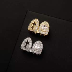 RENSINO Gold Silver Brass Grillz Hiphop Fashion Cross Shape Body Jewelry with Zirconia Punk Dental Jewelry