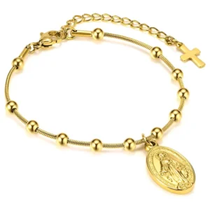 RENSINO Gold Silver Fashion Jewelry Virgin Mary Cross Satellite Chain Bracelets Stainless Steel Rosary Bracelet for Women