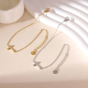 RENSINO Gold Silver Link Chain Women Zircon Cross Charm Bracelet Stainless Steel Jewelry for Girls
