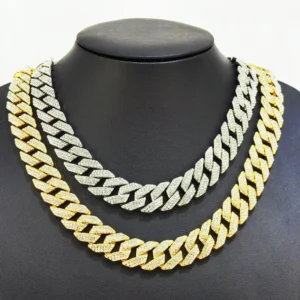 RENSINO Gold Silver Metal Color Iced Out 15mm Width Hip Hop Alloy with Full Three Rows Rhinestone Rhombus Cuban Link Chain Necklace