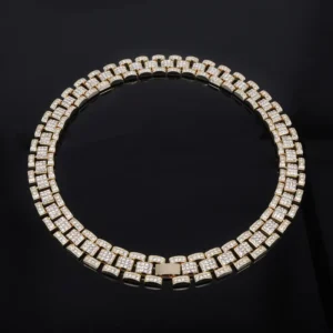 RENSINO Gold Silver Metal Color Plated Hip Hop Bling Rhinestone with Alloy Iced Out 16mm Width Watch Strap Link Chain Necklace