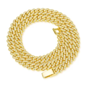 RENSINO Gold Silver Metal Color Plated Iced Out Single Row Rhinestone with Alloy Hip Hop 9mm Width Cuban Link Chain Necklace
