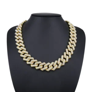 RENSINO Gold Silver Rose Gold Color Plated Alloy Iced Out 20mm Width Hip Hop Three Rows Rhinestone Rhombus Cuban Chain Men’s Necklace