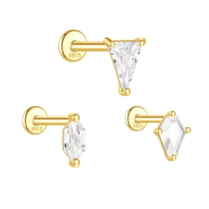 RENSINO Gold Single S925 Sterling Silver Geometric White CZ Flat Back Screw Piercing Earrings Minimalist Simple Stud Jewelry