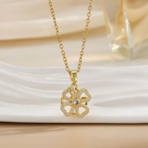 RENSINO Gold Stainless Steel Heart Butterfly Trendy Fashion Chain Necklace Rotate Pendant Women’s Necklace Gift