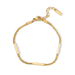 RENSINO Gold Stainless Steel Textured Chain Bar Charm Adjustable Bracelet for Women