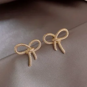 RENSINO Gold Tone Rope Knot Knotted Ribbon Bow Twist Stud Post Earrings