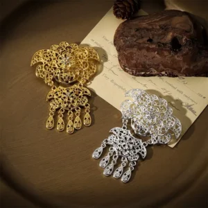 RENSINO Gold and Silver Islamic Brooches for Abaya Decoration Heavy Duty Filigree Clasp with Chain Tassel Traditional Hijab Pin Modest