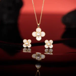 RENSINO Gold and Silver Plated Jewelry Set Pearl Shell Flower Stud Earrings with Matching Pendant Necklace for Gift