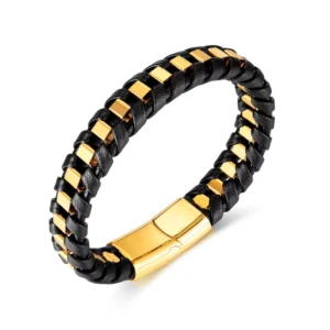 RENSINO Golden Cross Men’s Classic Gold Plated Hand Woven Leather Geometric Charm Bracelets Hip Hop Style Wedding Parties Engagement