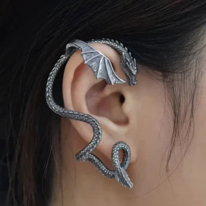 RENSINO Gothic Jewelry Ear Jacket Ear Wrap Year of Dragon Cuff Earring for Women Stainless Steel No Piercing Dragon Cuff Earring