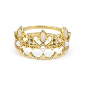 RENSINO Graceful Fashion Fine Jewelry for Women 925 Silver 18k Gold Opal Pearl Zircon Vintage Tiara Set Rings