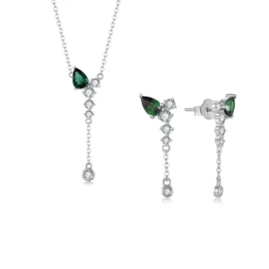 RENSINO Green CZ Diamond Teardrop Necklace And Earrings Set Rhodium Plated Crystal Sterling Silver 925 Jewelry Set For Women