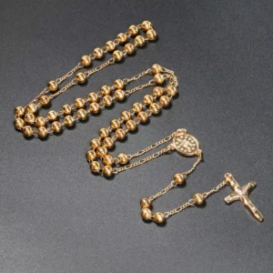 RENSINO HJ Jewelry Gold 6mm Steel Rosary Orthodox Cross Necklace Rosaries Religious Catholic Necklace for Praying