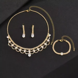 RENSINO HY Hot Selling Women Fashion Crystal Jewelry Sets Alloy Silver Gold Plated Hollow-out Pendant Necklace Drop Earrings Sets