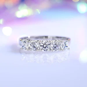 RENSINO Half Eternity Round 4mm Full Moissanite Ring 925 Sterling Silver Paved Diamond Ring for Ladies