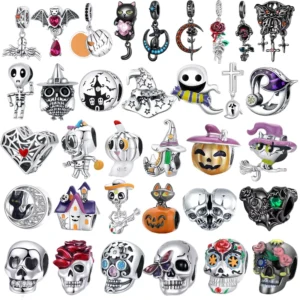 RENSINO Halloween DIY Women’s Jewelry Beaded Bracelet Pendant Double Face Skull Charm 925 Sterling Silver Zircon for Children