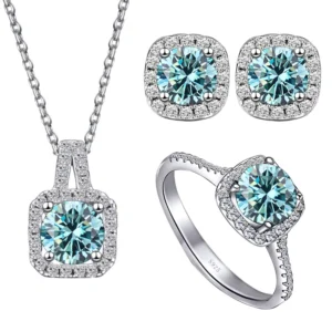 RENSINO Halo Style Moissanite Jewelry Set S925 Silver 1ct Earring VVS Moissanite Diamond Ring Pendant for Women