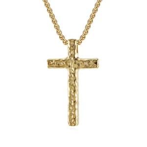 RENSINO Hammered Cross Necklace Stainless Steel Silver Black Religious Cross Pendant Chain Jewelry