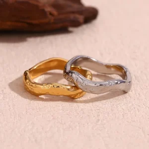 RENSINO Hammered Water Wave Gold Plated Jewelry Stainless Steel Stacking Ring Tarnish Free Jewelry