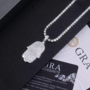 RENSINO Hamsa Hand Moissanite Pendant Necklace 925 Sterling Silver 18K Gold Plated Full Moissanite Iced Out Design Modern Hip Hop Style