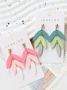 RENSINO Hand Made Valentine’s Day & St. Patrick’s Day Acrylic Baked Earrings Geometric Leaf Multi Segment Ins Style
