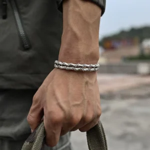 RENSINO Hand Woven Silver Color Segment Cuff Bracelet for Men Retro Geometric Open Bangle Fashion Jewelry