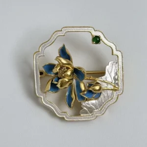 RENSINO Hand engraved Silver Two tone Kingfisher Feather Inlay Lotus Brooch Chinese Style Women’s Jewelry Wedding Party