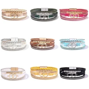 RENSINO Hand woven Leather Bracelet Double Ring Magnetic Buckle Diamond Women’s Leather Bracelet