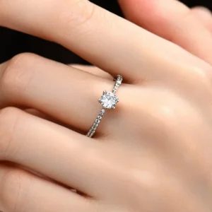 RENSINO Handcrafted 925 Sterling Silver Solitaire Cubic Zirconia Engagement Ring Pave Setting Wedding Band Jewelry for Women