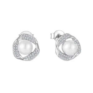 RENSINO Handcrafted High Quality Luxury Women’s Silver 925 Rhodium Plated Twisted Stud Earrings Pearl Cubic Zirconia Claw