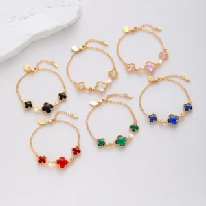 RENSINO Handcrafted Luxury Charm Bracelet Crystal Design Four Leaf Clover Women Gold Plated Zircon Flowers Copper Fashion Jewelry