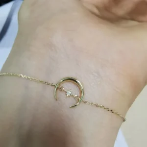 RENSINO Handmade 925 Sterling Silver Crescent Bracelet 14k Gold Moon and Star Bracelets or Anklets for Women and Girls