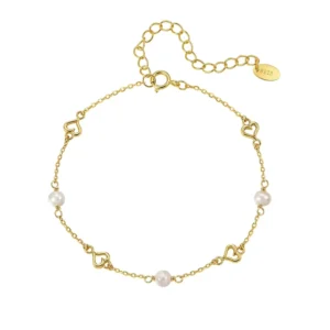 RENSINO Handmade 925 Sterling Silver Hollow Heart Delicate Chain Gold Plated Natural Freshwater Pearl Bracelet for Women