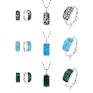 RENSINO Handmade 925 Sterling Silver Jewelry Set with Natural Stone Moss Agate Turquoise Malachite Earrings Necklace & Ring Set