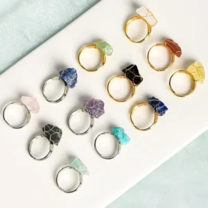 RENSINO Handmade Adjustable Ring Irregular Natural Stone Wire Wrapped Crystal Raw Stone Ring for Wedding Favors