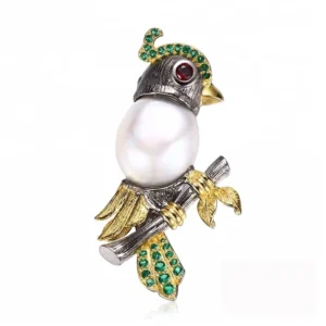 RENSINO Handmade Custom 925 Sterling Silver Pearl Cute Bird Brooch